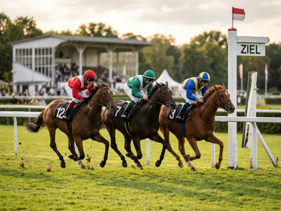 Galopprennen im Zieleinlauf auf einer deutschen Rennbahn — drei Vollblüter mit Jockeys führen das Feld an